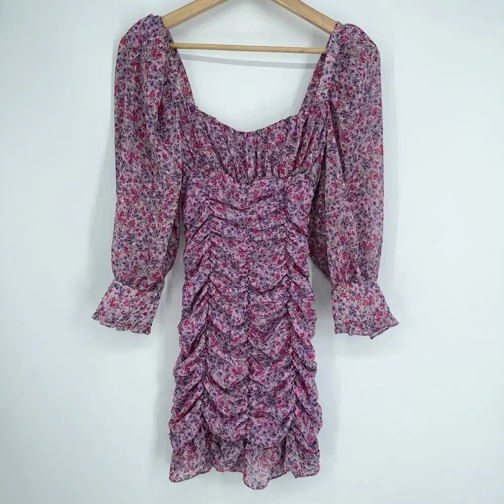 ZARA Floral Print Draped Long Sleeve Ruffle Mini Dress Bloggers Fav Pink/ Purple - Picture 5 of 12